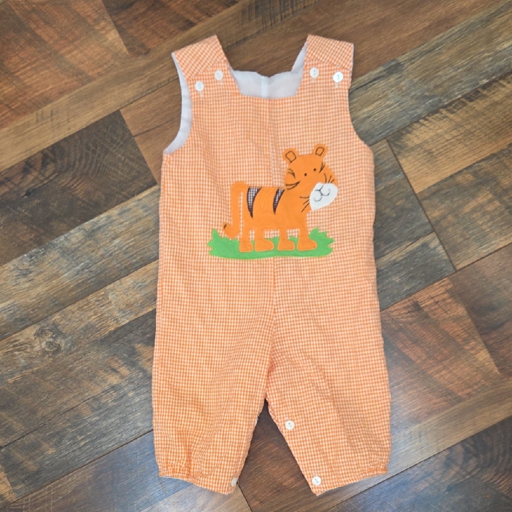 Beehave Orange Gingham Check Tiger Sleeveless Jumpsuit Romper, Size 9M